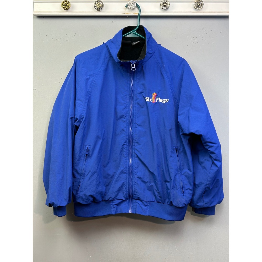 Six Flags Windbreaker Jacket Unisex XS Blue Fleece Lined Zip Up Stowaway Hood‎